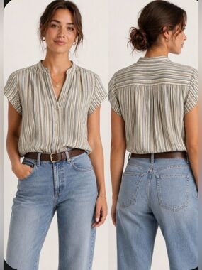 East 5th Striped Short Sleeve Button-Down Earthy VTG Inspired Career Small Top
